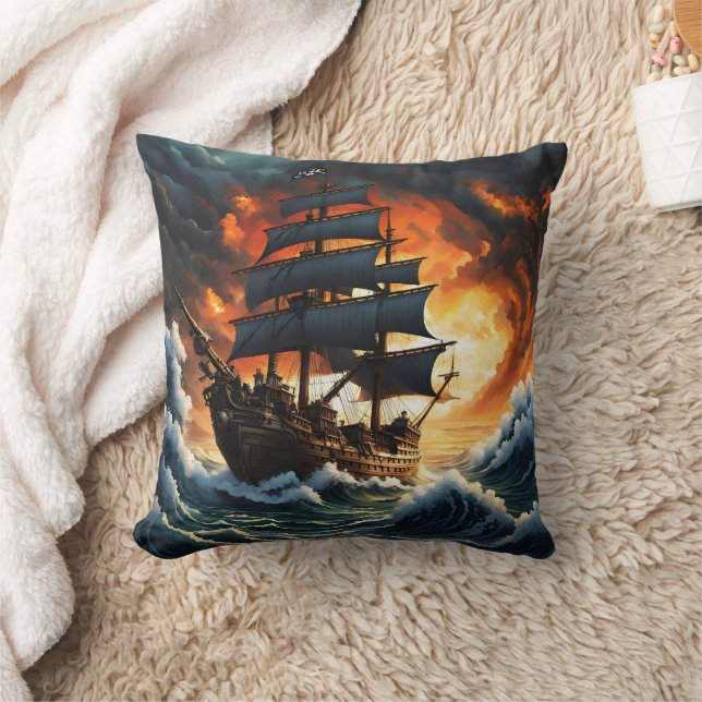 Pirate Ship Battling Stormy Seas at Sunset Cushion (Blanket)