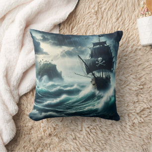 Pirate Ship Battling Stormy Seas Near Island Cushion