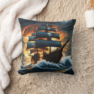Pirate Ship Battling Waves at Dusk Cushion