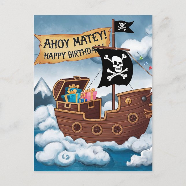 Pirate Ship Birthday Card - Ahoy Matey! (Front)