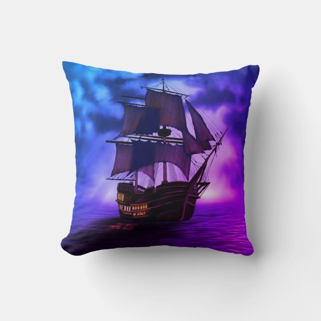 Pirate Ship blue and purple pillow nautical sea  (Front)