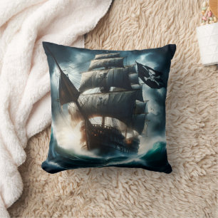 Pirate Ship Braving Stormy Seas at Dusk Cushion