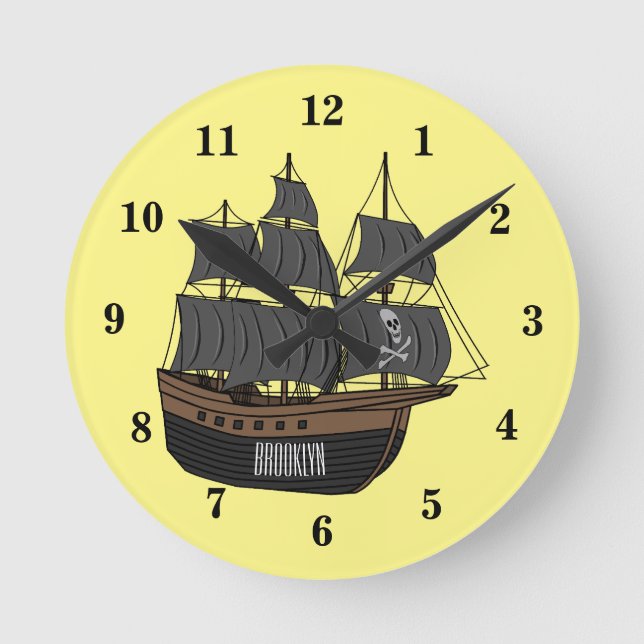 Pirate ship cartoon illustration round clock (Front)