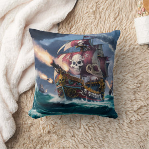Pirate Ship Engaged in Battle at Sea Cushion