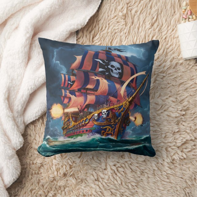 Pirate Ship Engaged in Battle During Stormy Night Cushion (Blanket)