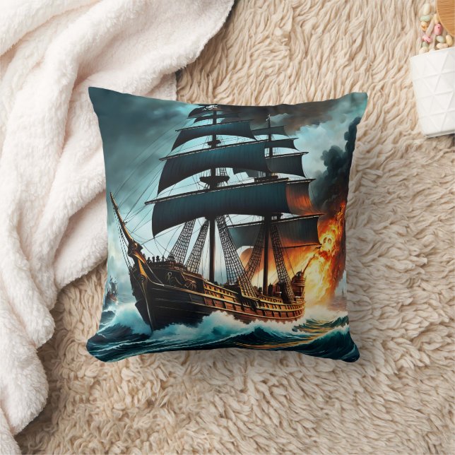 Pirate Ship Engaged in Battle Near Dark Clouds Cushion (Blanket)