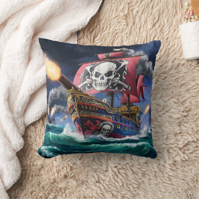 Pirate Ship Engaged in Battle on Stormy Seas Cushion (Blanket)
