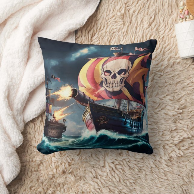 Pirate Ship Engages in Naval Battle With Cannons Cushion (Blanket)