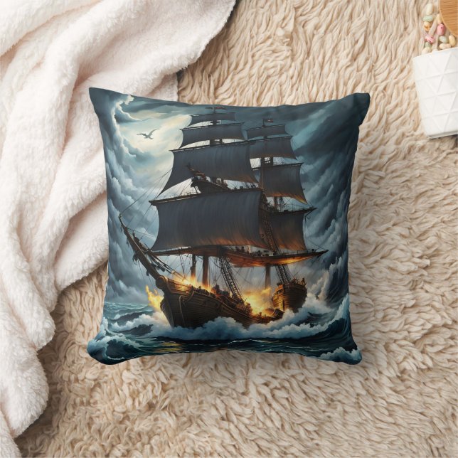 Pirate Ship Engulfed in Flames at Night Cushion (Blanket)