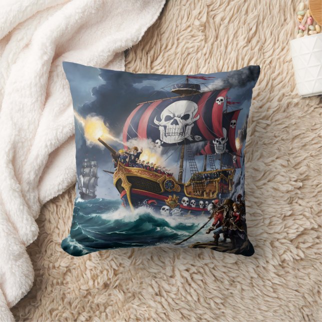 Pirate Ship Fires Cannonballs in Stormy Seas Cushion (Blanket)