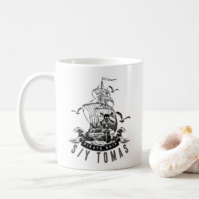 Pirate ship gift with the personalised ship name coffee mug (With Donut)