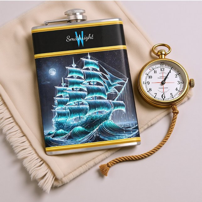 Pirate Ship Gliding Through Glowing Night Waves Hip Flask (Creator Uploaded)