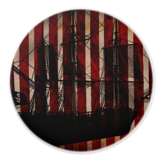 Pirate Ship Grunge Striped Bedroom Dresser Ceramic Knob (Front)