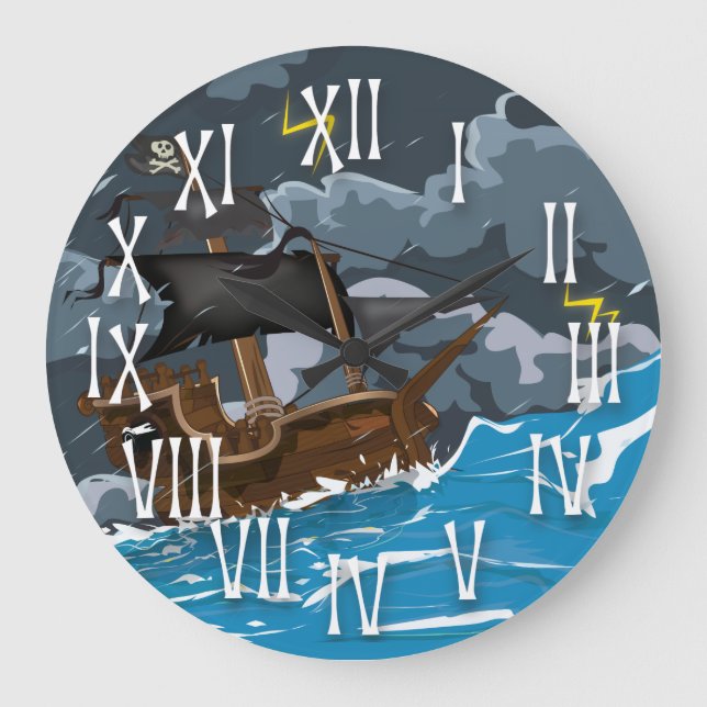 Pirate Ship in Storm Large Clock (Front)