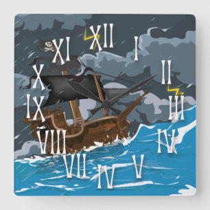 Pirate Ship in Storm Square Wall Clock