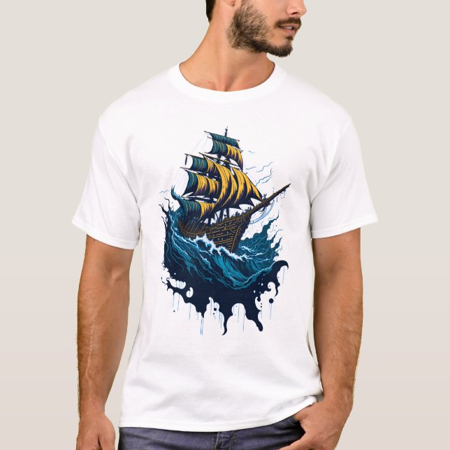 Pirate Ship in Stormy Seas T-Shirt (Front)