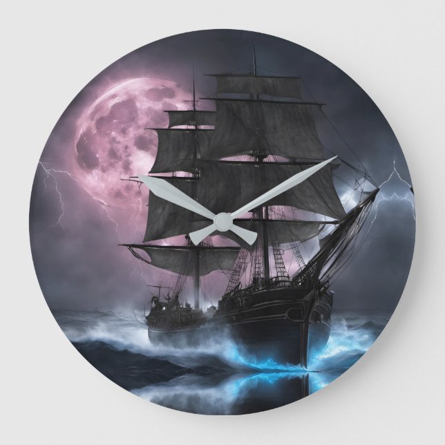 Pirate Ship lightning strawberry moon Personalise Large Clock (Front)