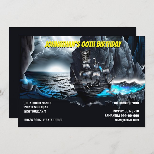 Pirate ship nautical night sea moonlight mountains invitation (Front/Back)