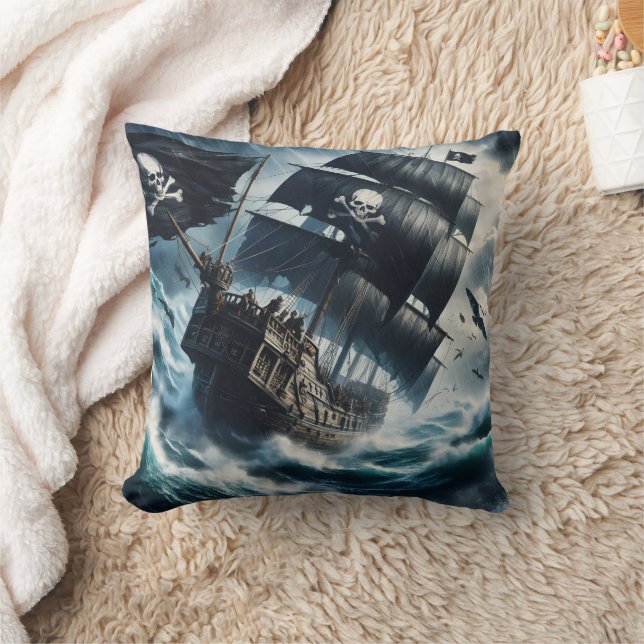 Pirate Ship Navigating Rough Seas at Dusk Cushion (Blanket)