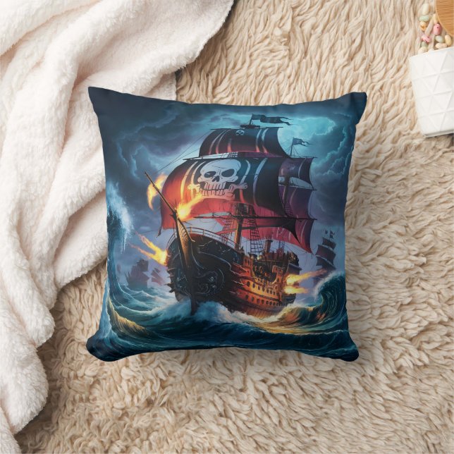 Pirate Ship Navigating Stormy Seas at Night Cushion (Blanket)