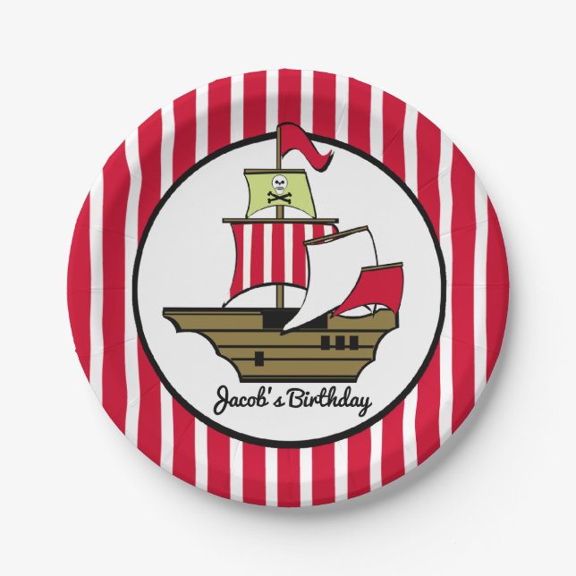 Pirate Ship Red Stripes Paper Plate (Front)
