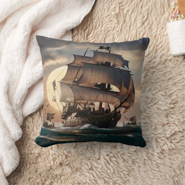 Pirate Ship Sailing at Dusk With Rolling Waves Cushion (Blanket)