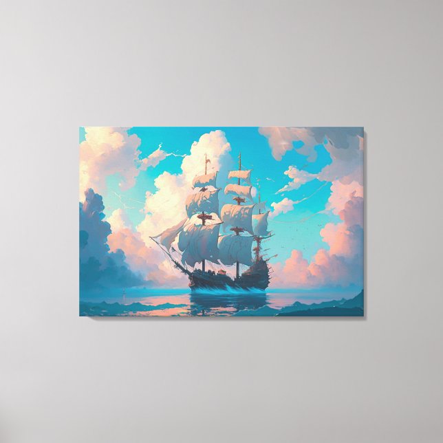 Pirate Ship Sailing In Fluffy Pastel  Clouds Canvas Print (Front)