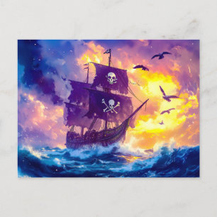 Pirate Ship Sailing into the Sunset on Open Sea Postcard