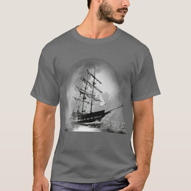 Pirate Ship Sailing out of the Fog Moon T-Shirt (Front)