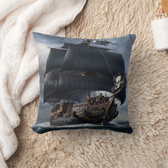Pirate Ship Sailing Through Stormy Seas at Dusk Cushion (Blanket)