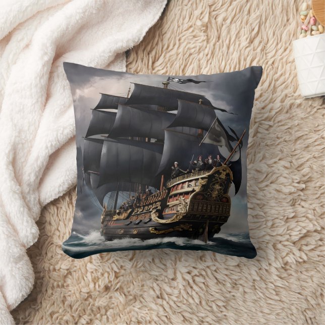Pirate Ship Sailing Through Stormy Seas at Dusk Cushion (Blanket)