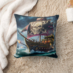 Pirate Ship Sailing Through Stormy Seas at Dusk Cushion