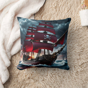 Pirate Ship Sailing Through Stormy Seas at Dusk Cushion