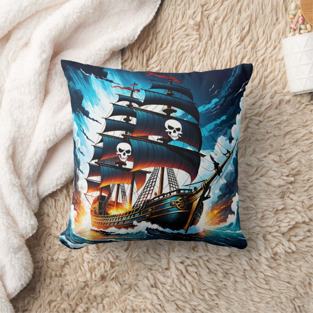 Pirate Ship Sailing Through Stormy Seas At Dusk Cushion (Blanket)