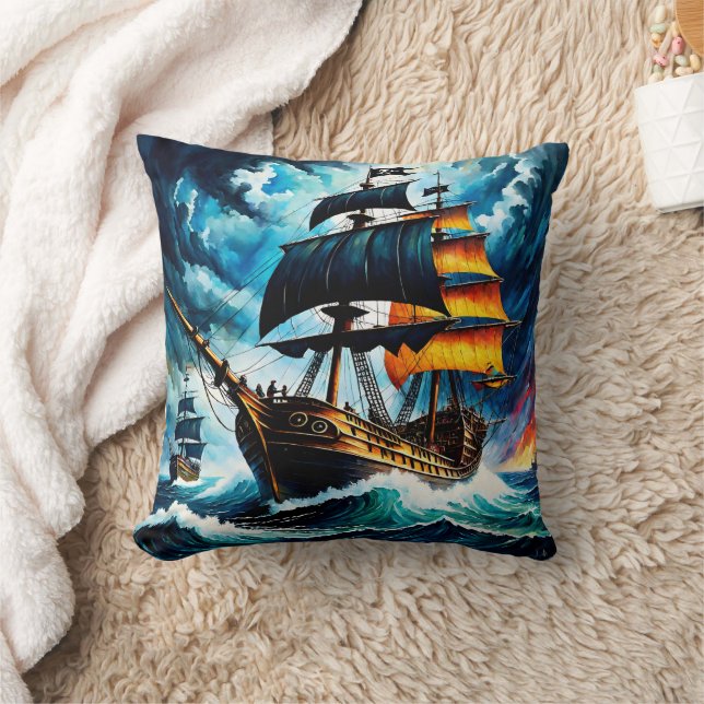 Pirate Ship Sailing Through Stormy Seas at Dusk Cushion (Blanket)