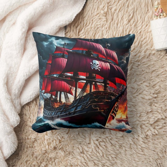 Pirate Ship Sailing Through Stormy Seas at Dusk Cushion (Blanket)