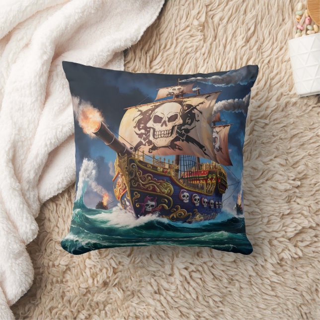 Pirate Ship Sailing Through Stormy Seas at Night Cushion (Blanket)