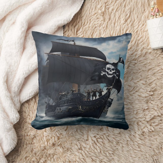 Pirate Ship Sailing Through Stormy Waters at Dusk Cushion (Blanket)