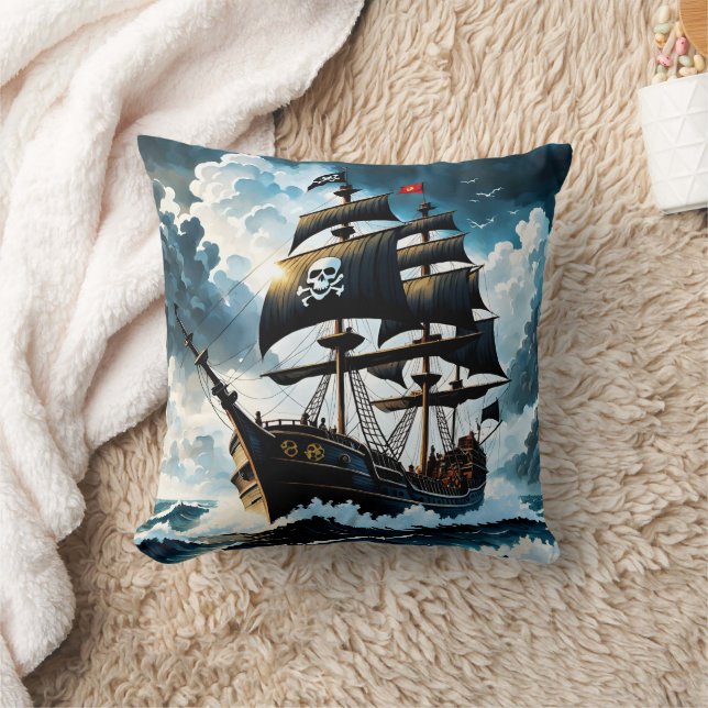 Pirate Ship Sailing Through Stormy Waters Cushion (Blanket)
