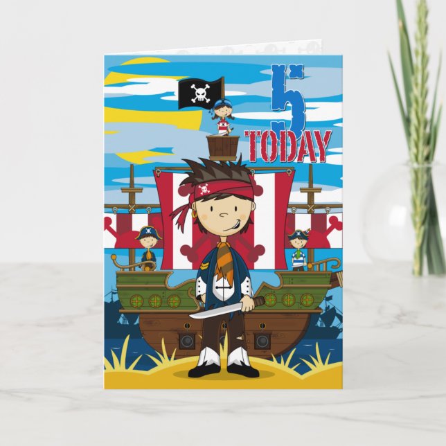 Pirate Ship Scene 5th Birthday Card (Front)