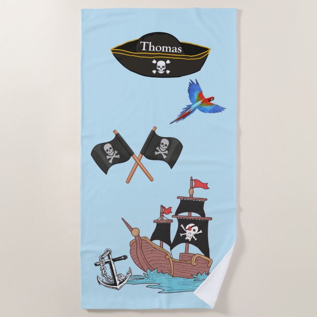 Pirate Ship Skull Crossbones Black Flag Beach Towel (Front)