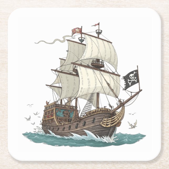 Pirate Ship Square Paper Coaster (Front)