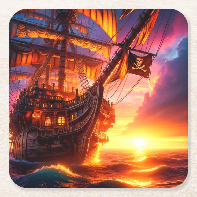 Pirate Ship Square Paper Coaster (Front)