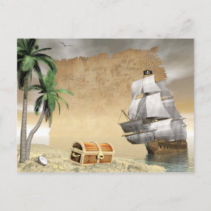 Pirate ship that discovers a treasure postcard