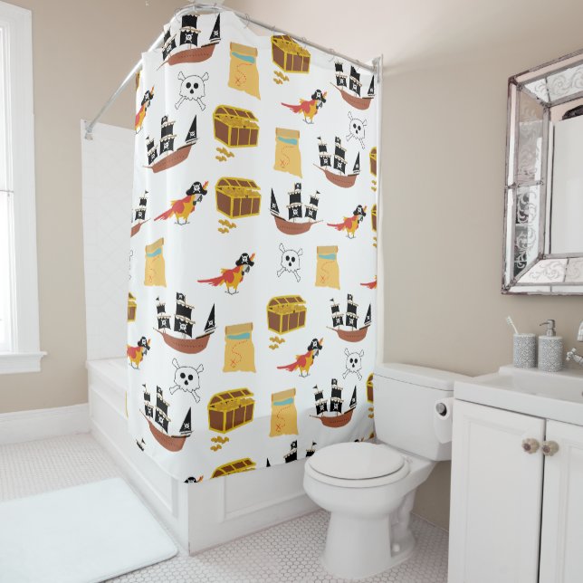 Pirate Ship Treasure Chest Theme Pattern Shower Curtain (In Situ)