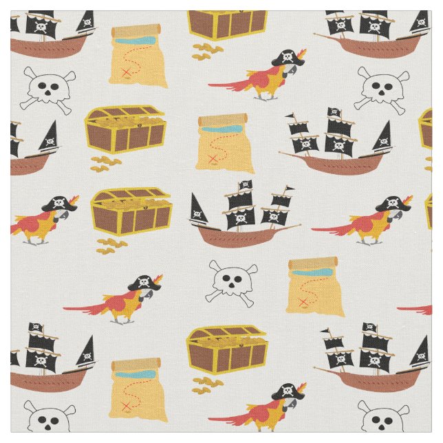 Pirate Ship Treasure Chest Theme Seamless Pattern Fabric (Close Up)