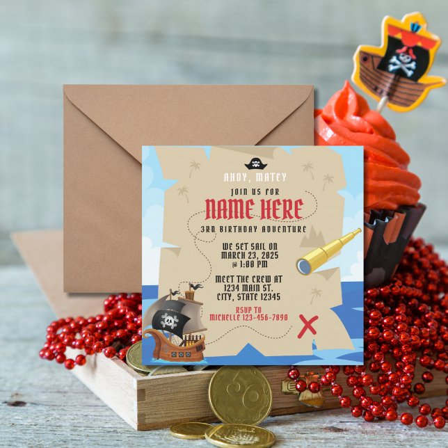 Pirate Ship Treasure Hunt Ahoy Matey Birthday  Invitation (Creator Uploaded)