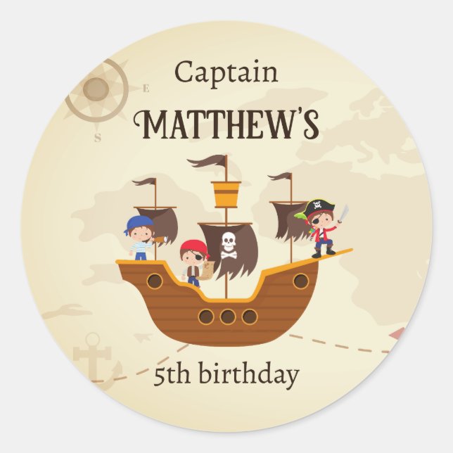 Pirate Ship Treasure Map Kid's Birthday Party Classic Round Sticker (Front)