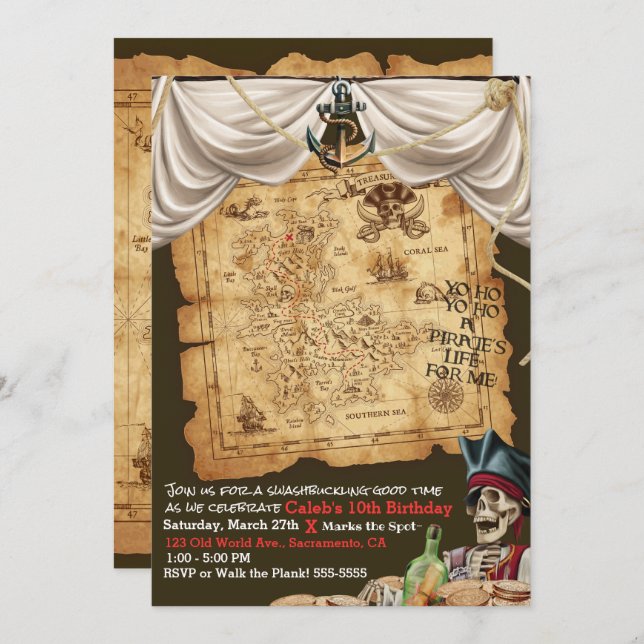 Pirate Ship Vintage Map Treasure Birthday Party Invitation (Front/Back)