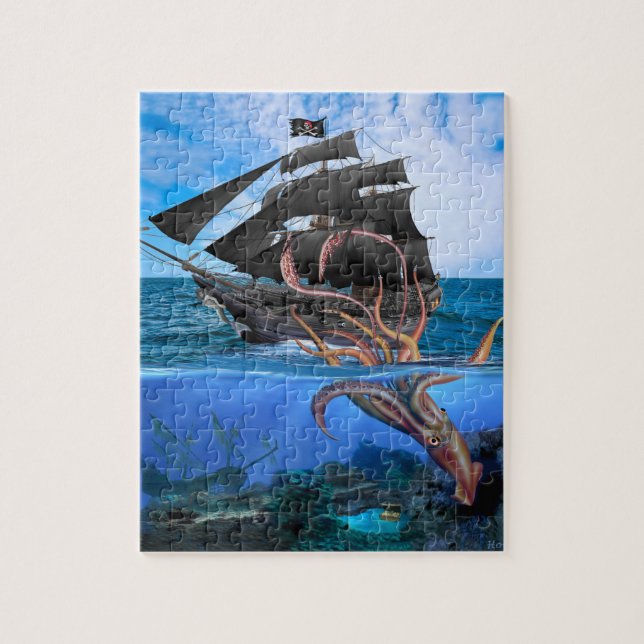 Pirate Ship vs The Giant Squid Jigsaw Puzzle (Vertical)